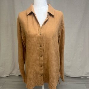 NWT Eileen Fisher Woven Button-Down Cotton Gauze Camel Shirt Sz Petite S